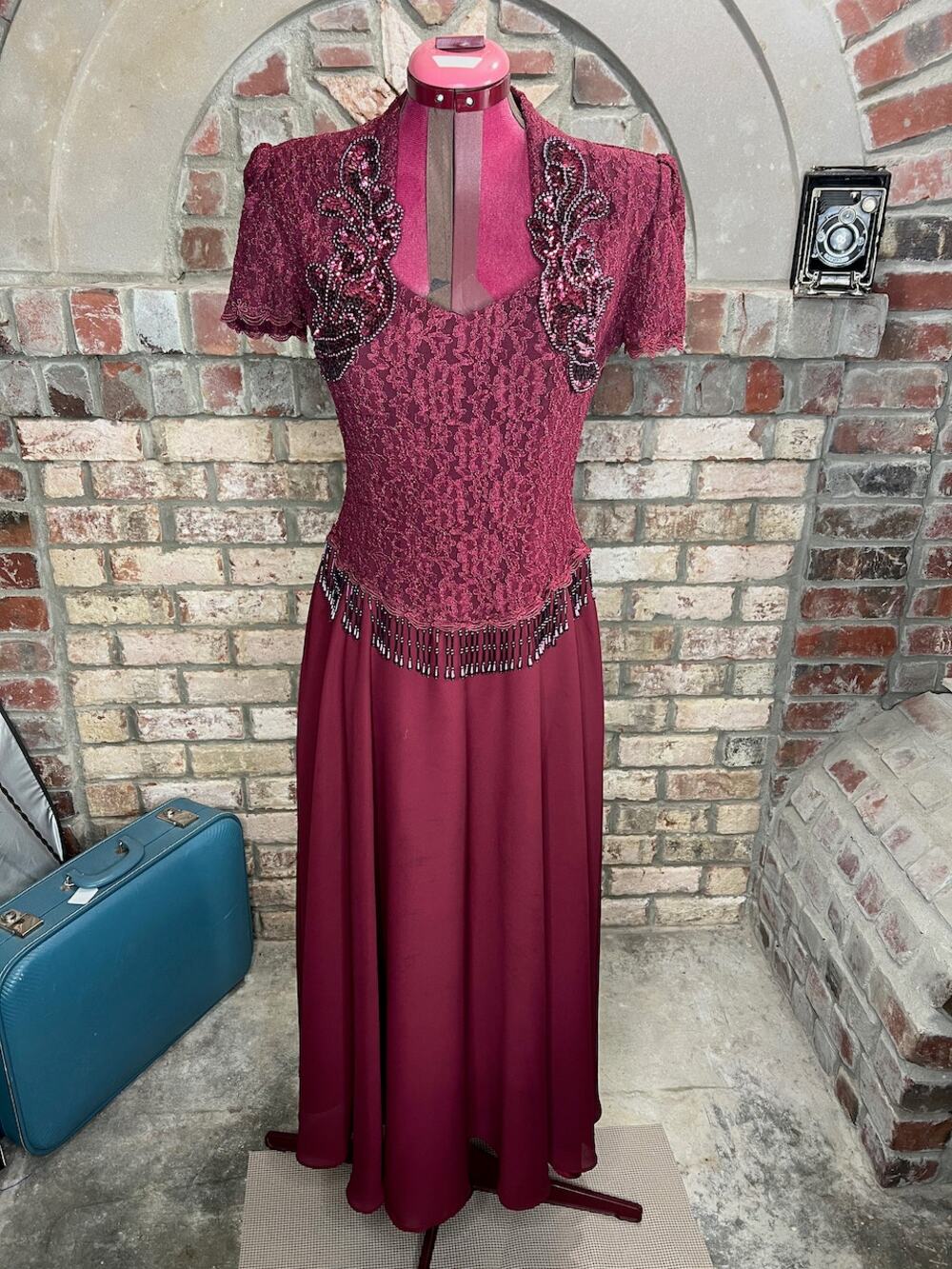 formal dress prom maroon wine red lace beaded fringe